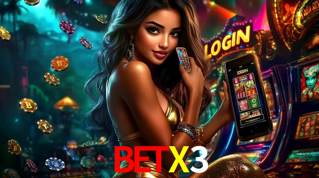 Mulher em um cenário de cassino temático de aventura, mostrando o app de caça-níqueis da BETX3 no celular. Fichas de apostas flutuam ao redor.