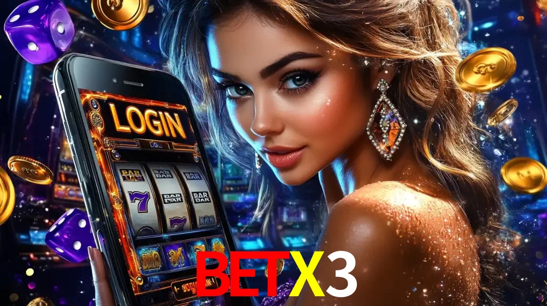 Mulher glamorosa segurando um smartphone com a tela de login para os jogos de caça-níqueis do cassino online BETX3, com moedas de ouro e dados ao redor.